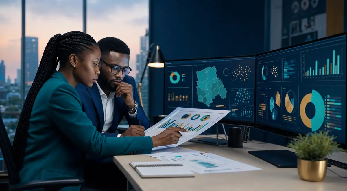 Ghanaian analysts reviewing market data and dashboards